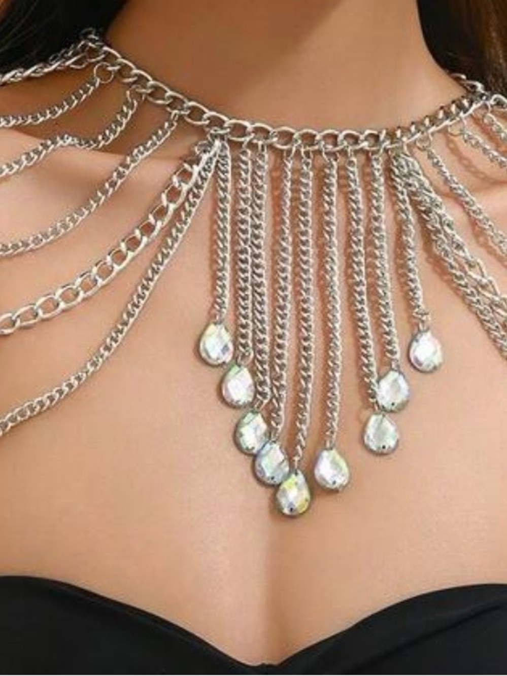 Silver Teardrop Fringe Statement Necklace - Women Jewelry